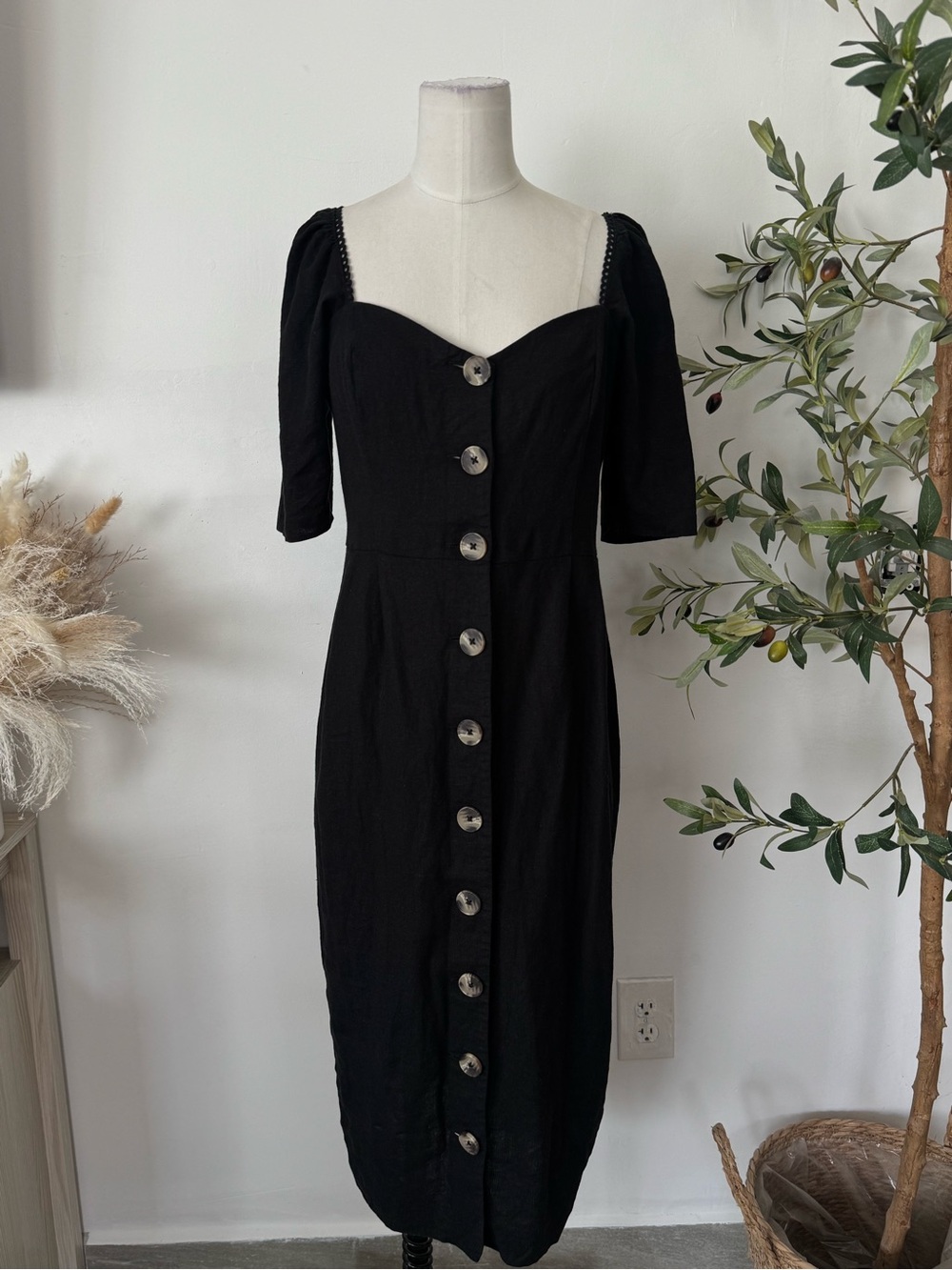 ASOS‎ Black Linen Blend Button Front Midi Dress Puff Sleeve Size 8